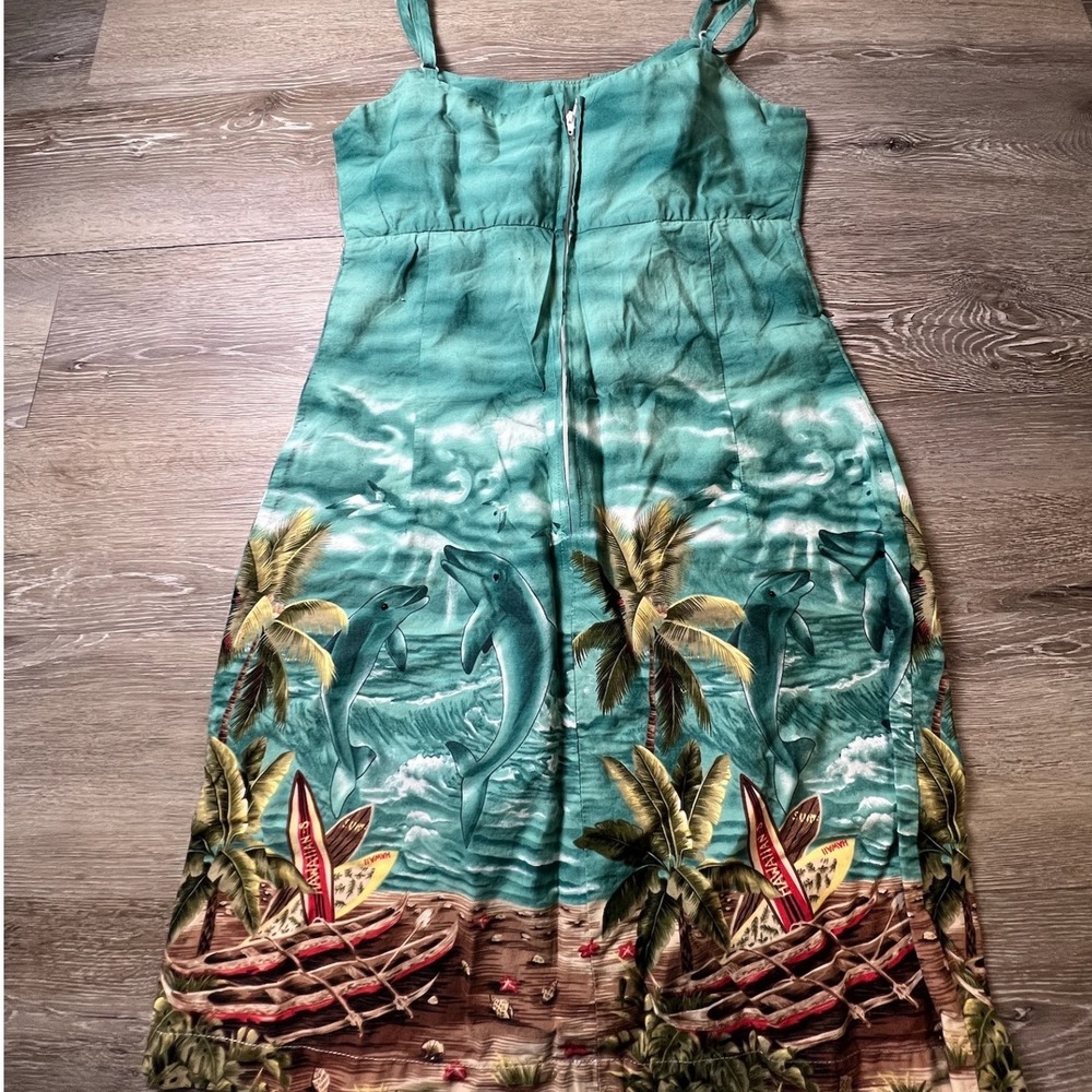 Jade Fashions Dress Womens Medium Teal Dolphin Tropical Hawaiian Cotton Sundress - Picture 2 of 10